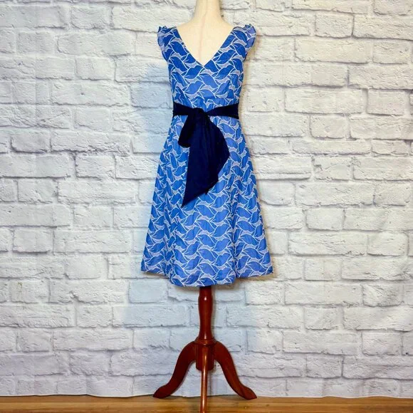 Anthropologie Lithe Blue & White Silk Blend Embroidered Fit & Flare Dress - Picture 2 of 6